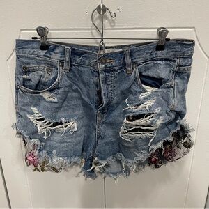 Free People Floral Lace Button Fly Jean Shorts